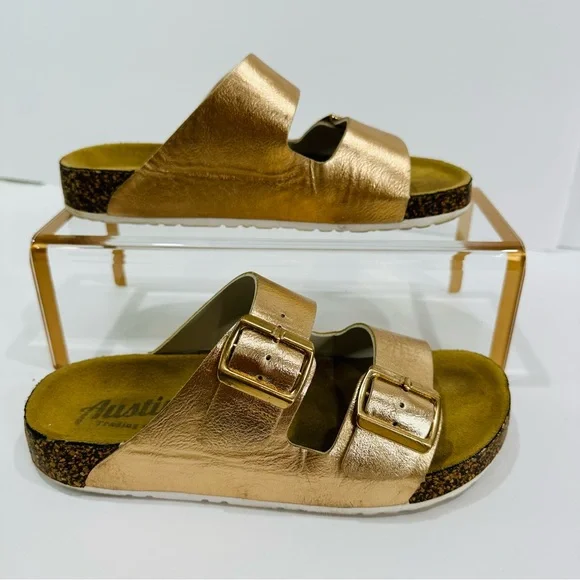 ๐ฉท AUSTIN TRADING CO. WOMENS ROSE GOLD DUAL STRAP CORK SLIDES SIZE 7 GOOD - Picture 9 of 13